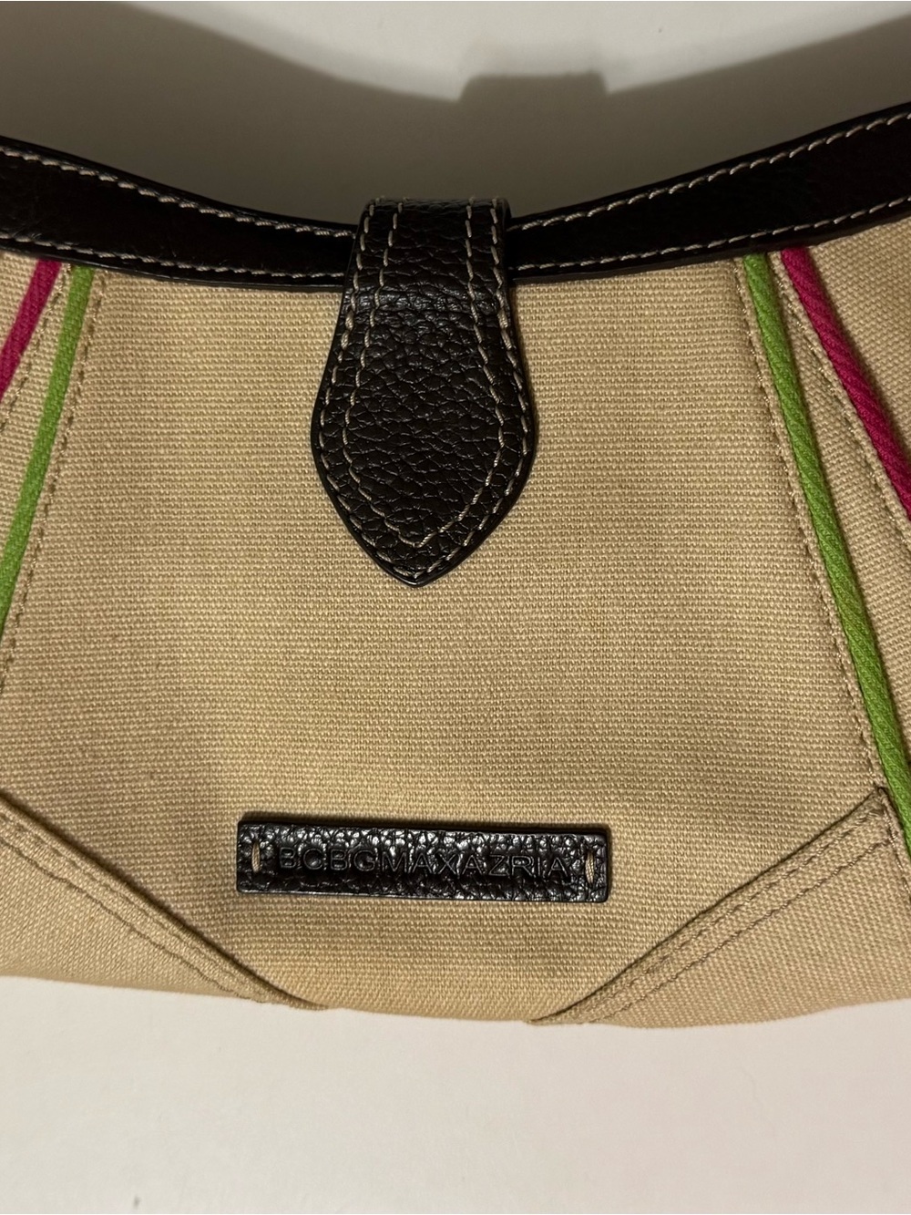 BCBGMaxAzria Beige Canvas Wristlet with Brown Trim; Yellow, Pink & Green Accents